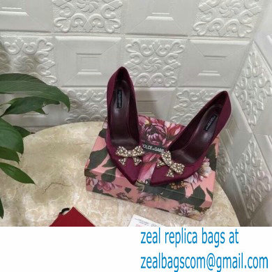 Dolce  &  Gabbana Heel 10.5cm Satin Pumps Burgundy with Crystal Bow 2021